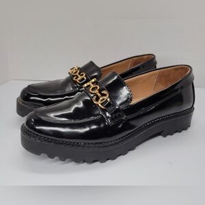 Glossy Black Womens  casual Loafers with Gold Accent